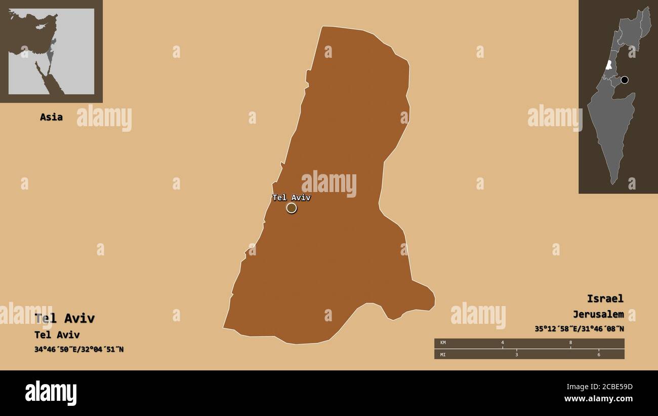 Shape of Tel Aviv, district of Israel, and its capital. Distance scale