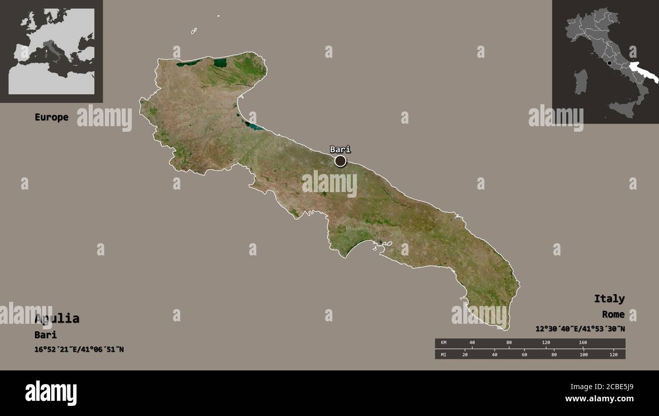 Shape of Apulia, region of Italy, and its capital. Distance scale ...