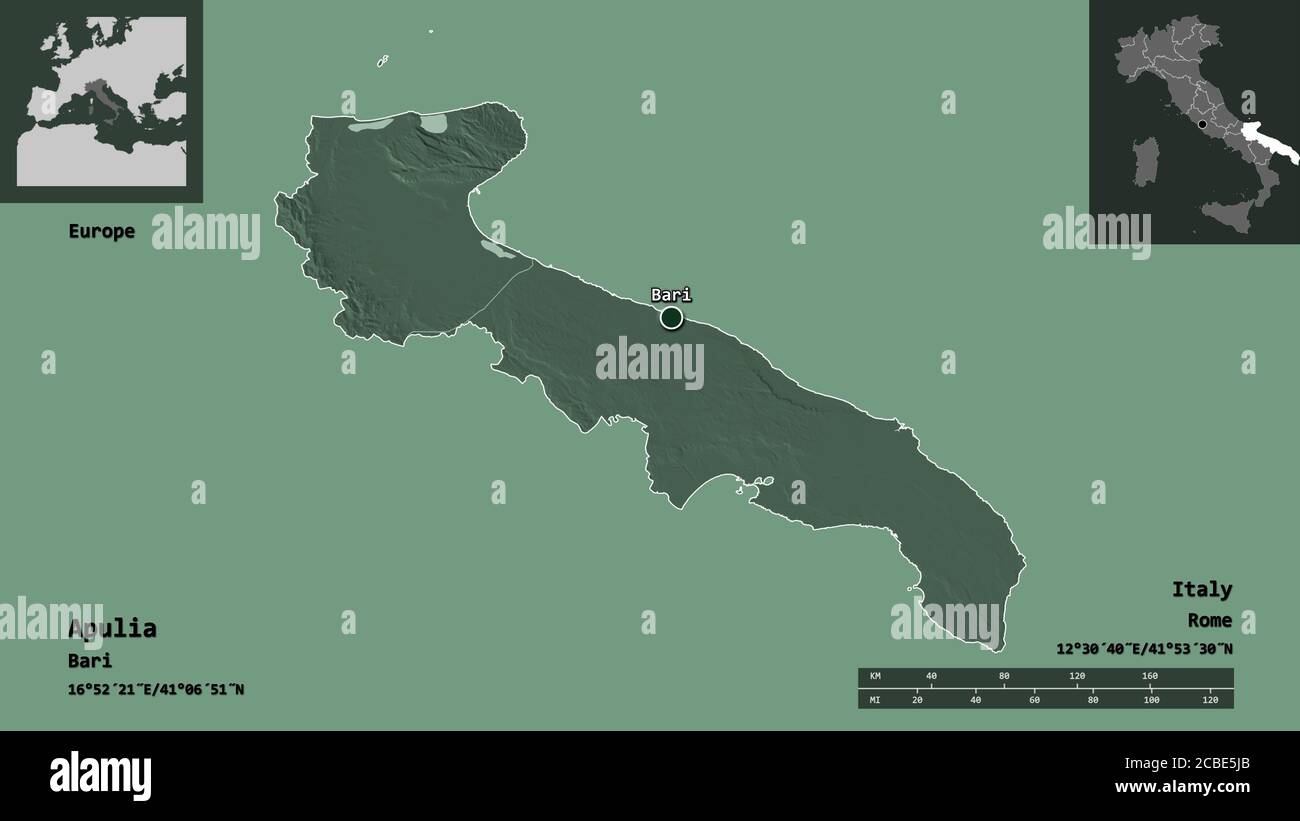 Shape of Apulia, region of Italy, and its capital. Distance scale