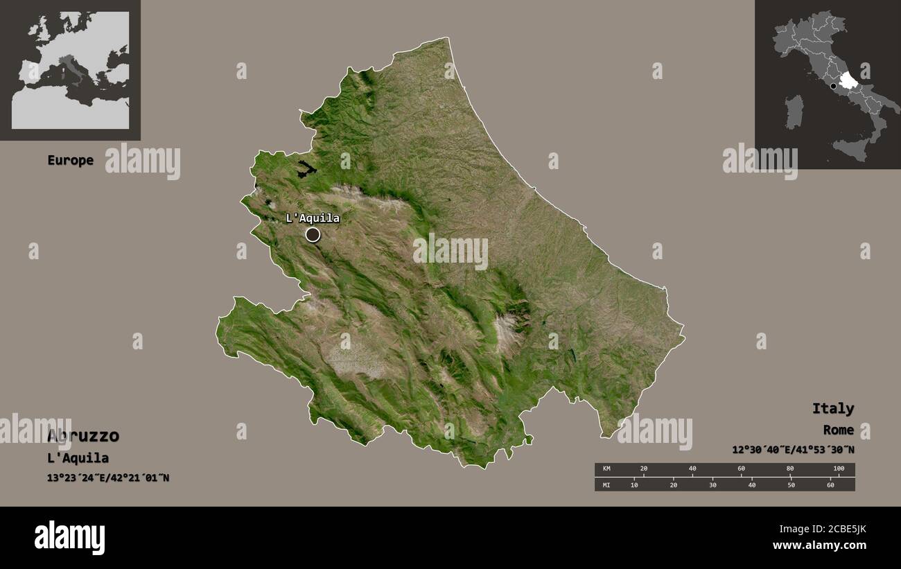 Shape of Abruzzo, region of Italy, and its capital. Distance scale ...