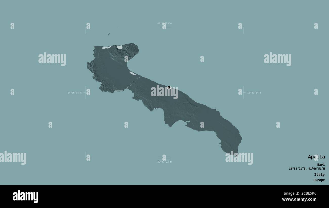 Area of Apulia, region of Italy, isolated on a solid background in a ...