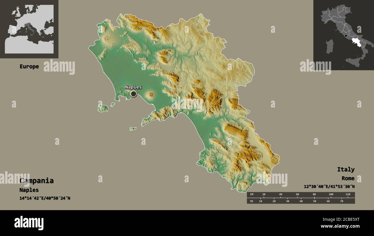 Shape of Campania, region of Italy, and its capital. Distance scale