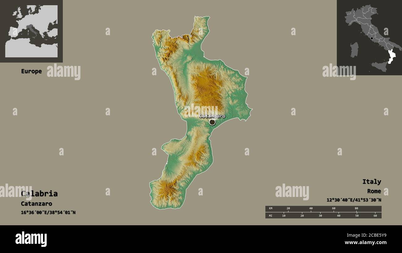 Shape Of Calabria Region Of Italy And Its Capital Distance Scale Shape Of Calabria Region Of Italy And Its Capital Distance Scale Previews And Labels Topographic Relief Map 3d Rendering 2CBE5Y9