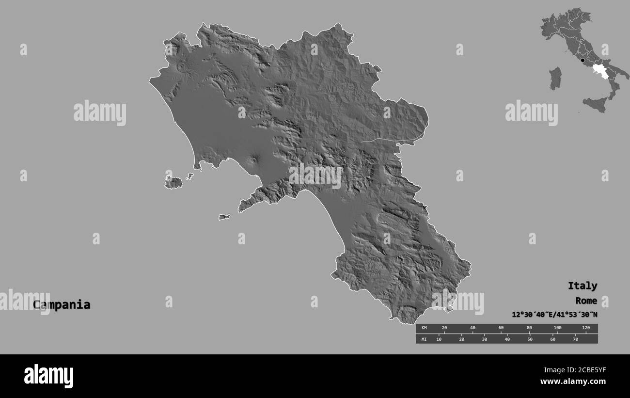 Shape of Campania, region of Italy, with its capital isolated on solid