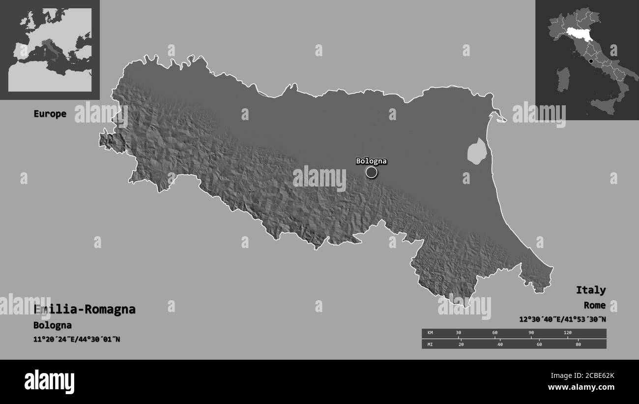Shape Of Emilia Romagna Region Of Italy And Its Capital Distance Shape Of Emilia Romagna Region Of Italy And Its Capital Distance Scale Previews And Labels Bilevel Elevation Map 3d Rendering 2CBE62K