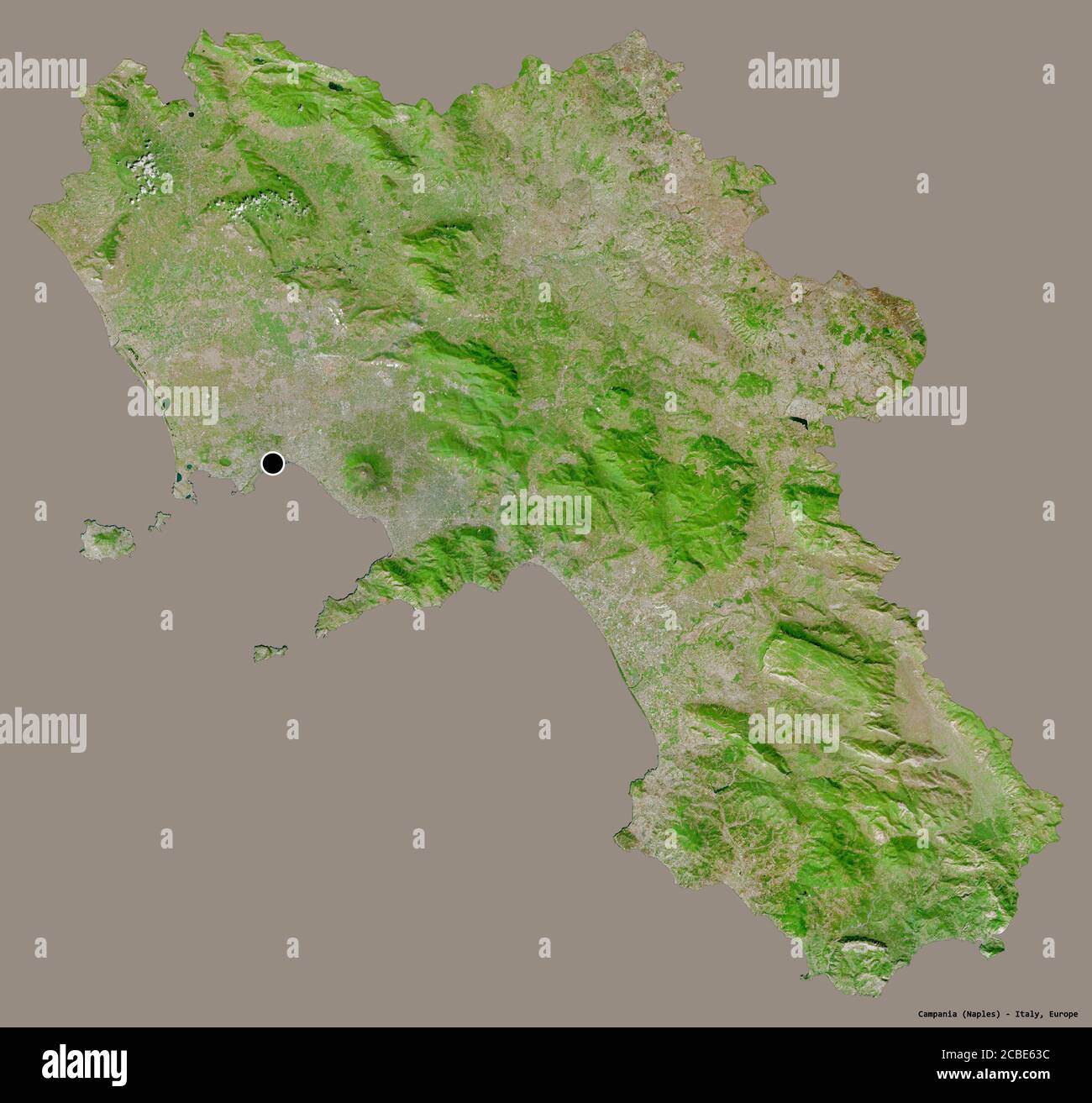 Shape of Campania, region of Italy, with its capital isolated on a
