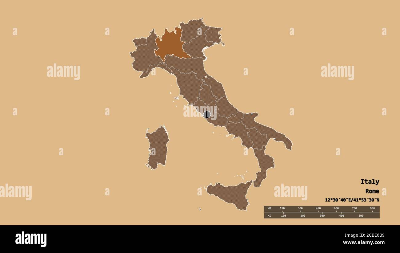 Desaturated shape of Italy with its capital, main regional division and the  separated Calabria area. Labels. Bilevel elevation map. 3D rendering Stock  Photo - Alamy