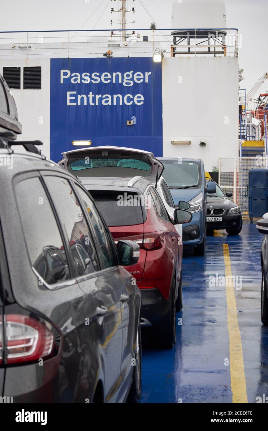 cars parked on the liverpool belfast stena line ferry uk cars travelling to ireland via northern ireland to avoid quarantine period during covid outbr Stock Photo