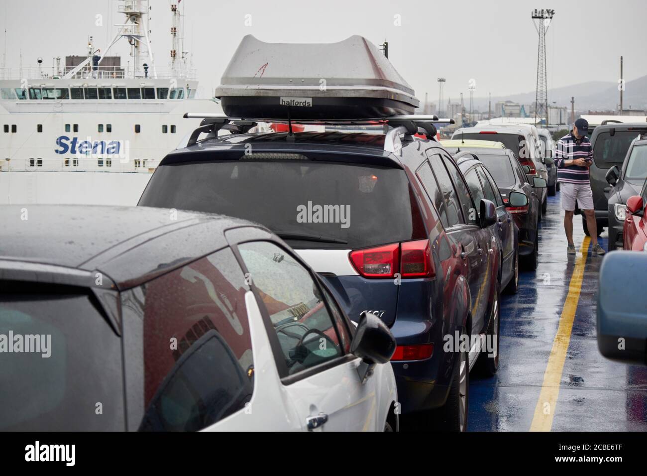 cars parked on the liverpool belfast stena line ferry uk cars travelling to ireland via northern ireland to avoid quarantine period during covid outbr Stock Photo