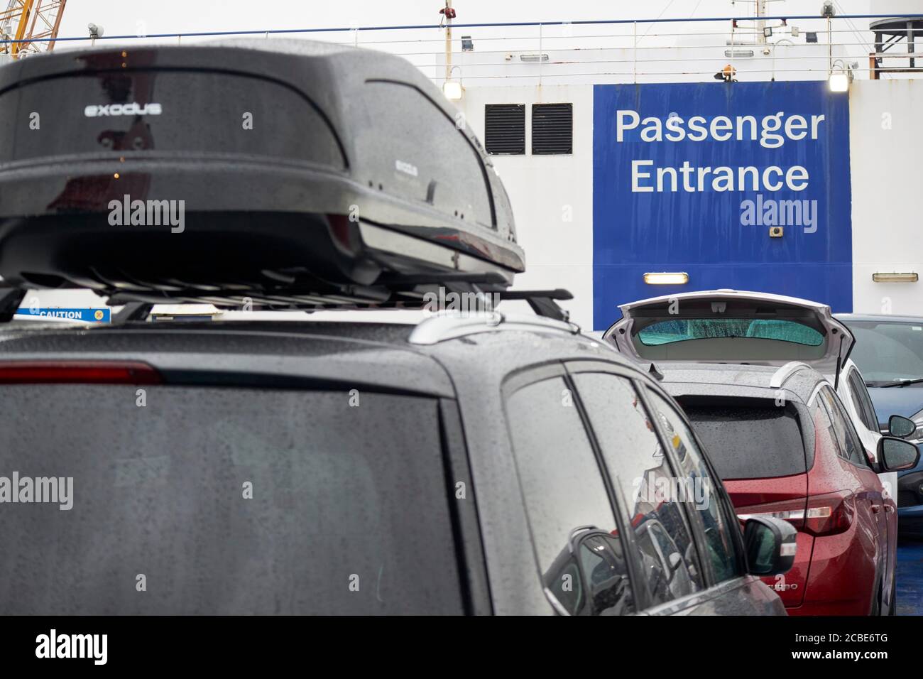 cars parked on the liverpool belfast stena line ferry uk cars travelling to ireland via northern ireland to avoid quarantine period during covid outbr Stock Photo