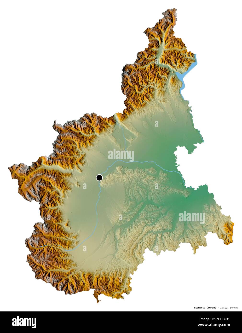 Shape of Piemonte, region of Italy, with its capital isolated on white background. Topographic