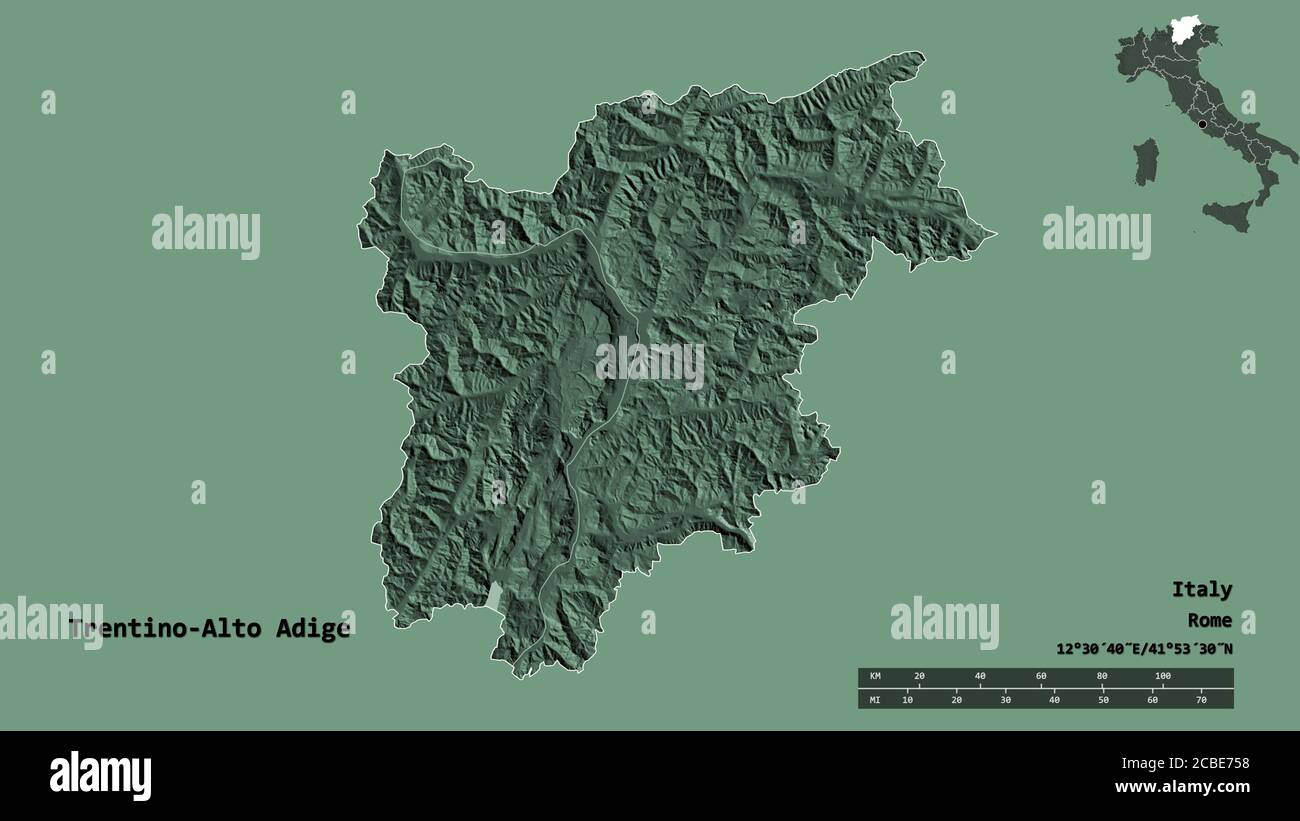 Shape of Trentino-Alto Adige, autonomous region of Italy, with its capital isolated on solid background. Distance scale, region preview and labels. Co Stock Photo