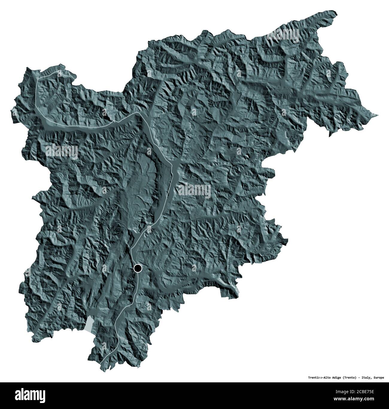 Shape of Trentino-Alto Adige, autonomous region of Italy, with its capital isolated on white background. Colored elevation map. 3D rendering Stock Photo