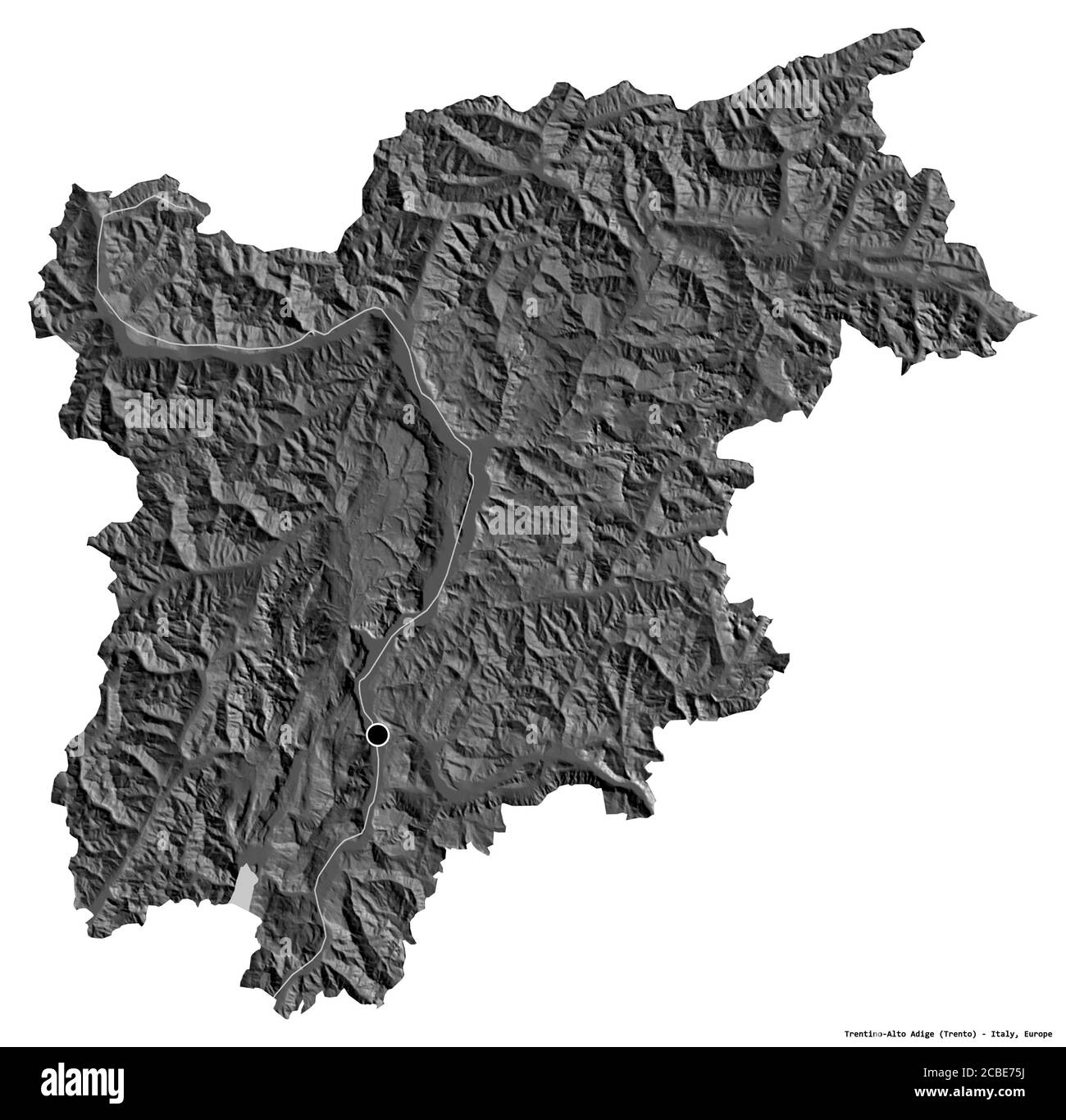 Shape of Trentino-Alto Adige, autonomous region of Italy, with its capital isolated on white background. Bilevel elevation map. 3D rendering Stock Photo