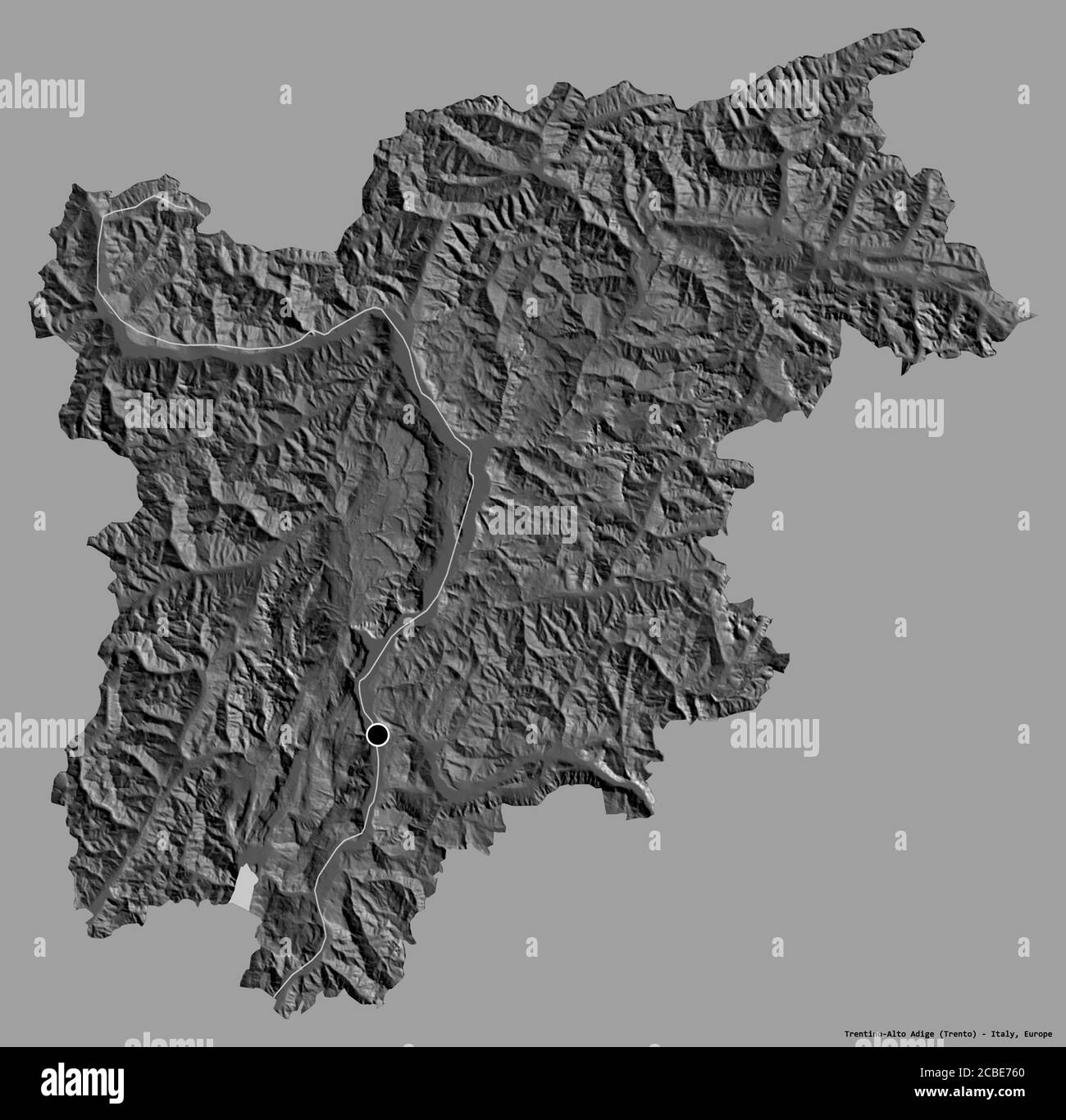Shape of Trentino-Alto Adige, autonomous region of Italy, with its capital isolated on a solid color background. Bilevel elevation map. 3D rendering Stock Photo