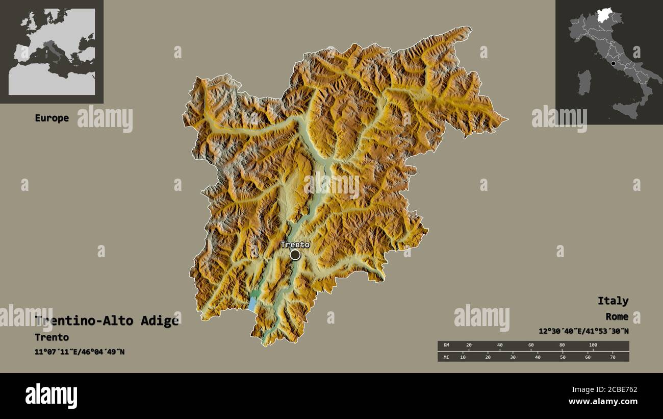 Shape of Trentino-Alto Adige, autonomous region of Italy, and its capital. Distance scale, previews and labels. Topographic relief map. 3D rendering Stock Photo