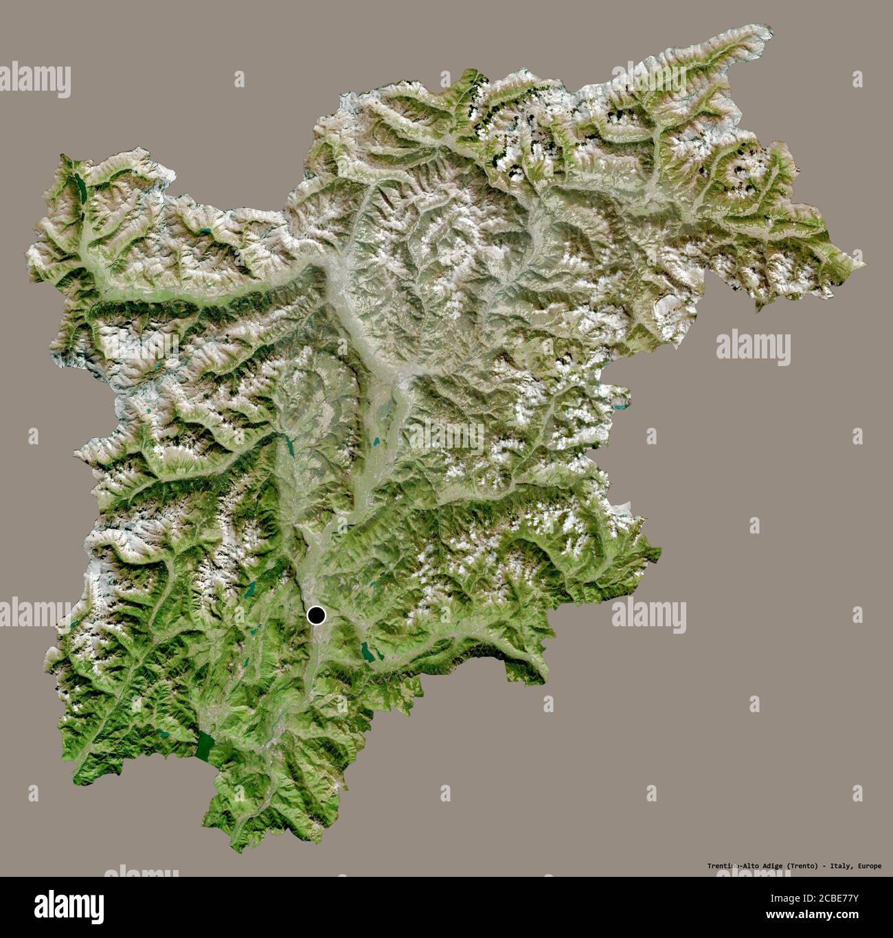 Shape of Trentino-Alto Adige, autonomous region of Italy, with its capital isolated on a solid color background. Satellite imagery. 3D rendering Stock Photo