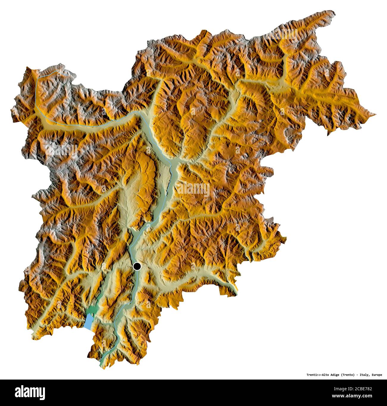 Shape of Trentino-Alto Adige, autonomous region of Italy, with its capital isolated on white background. Topographic relief map. 3D rendering Stock Photo