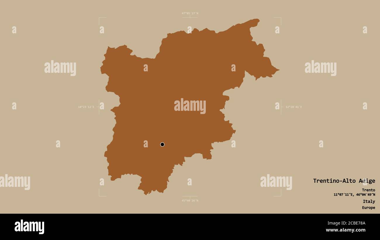 Area of Trentino-Alto Adige, autonomous region of Italy, isolated on a solid background in a georeferenced bounding box. Labels. Composition of patter Stock Photo