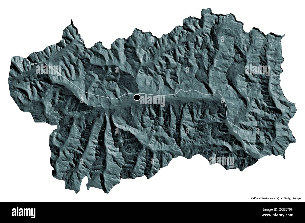Shape of Valle d'Aosta, autonomous region of Italy, with its capital isolated on white background. Colored elevation map. 3D rendering Stock Photo