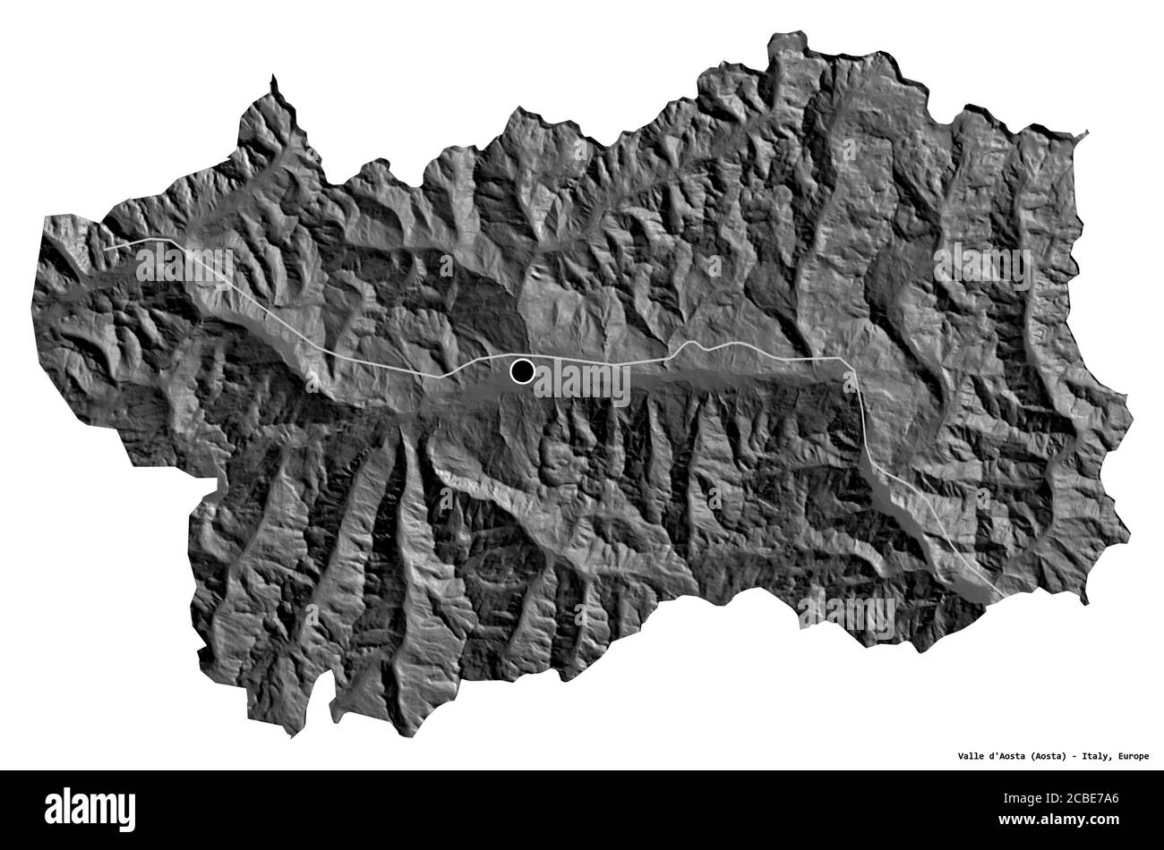 Shape of Valle d'Aosta, autonomous region of Italy, with its capital isolated on white background. Bilevel elevation map. 3D rendering Stock Photo