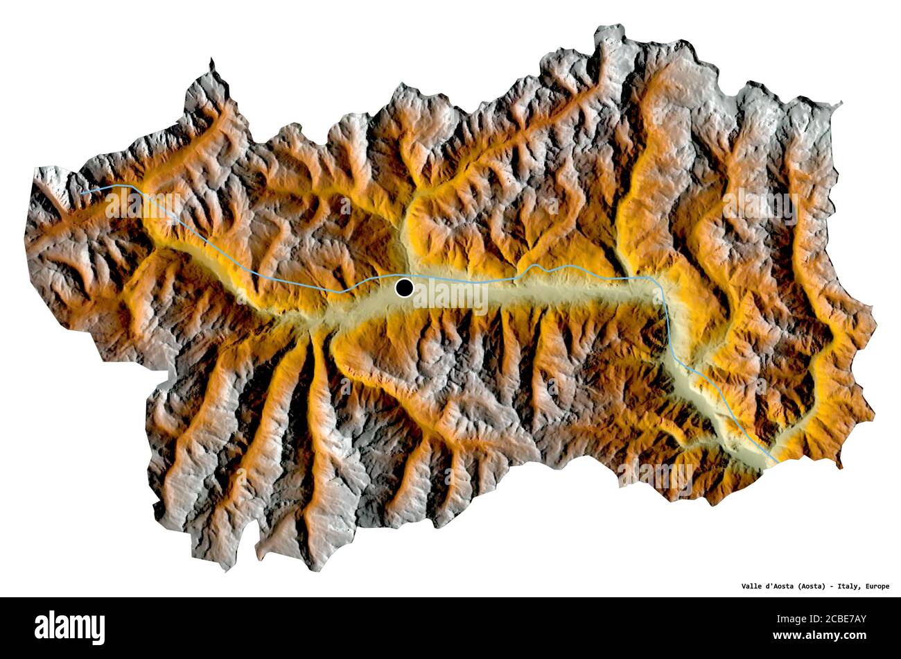 Shape of Valle d'Aosta, autonomous region of Italy, with its capital isolated on white background. Topographic relief map. 3D rendering Stock Photo