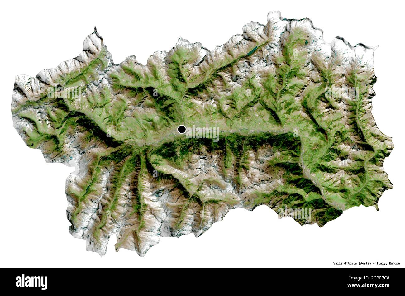 Shape of Valle d'Aosta, autonomous region of Italy, with its capital isolated on white background. Satellite imagery. 3D rendering Stock Photo
