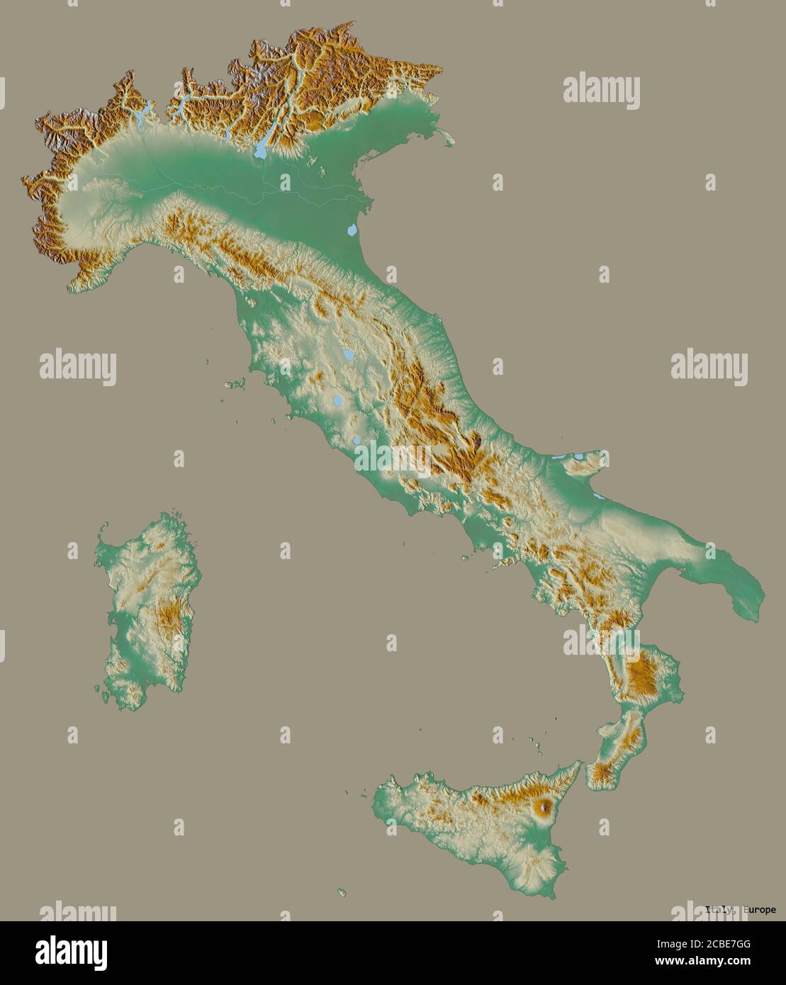 Shape of Italy with its capital isolated on a solid color background. Topographic relief map. 3D