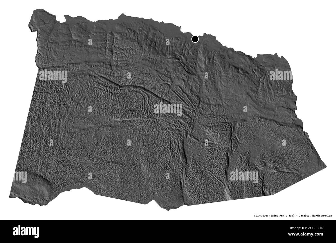 Shape of Saint Ann, parish of Jamaica, with its capital isolated on white background. Bilevel elevation map. 3D rendering Stock Photo