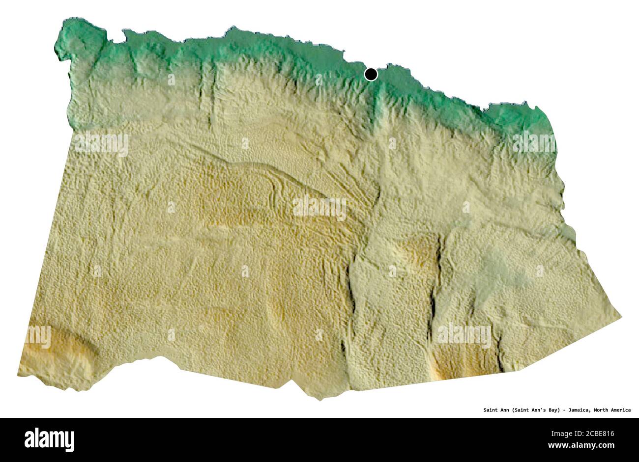 Shape of Saint Ann, parish of Jamaica, with its capital isolated on white background. Topographic relief map. 3D rendering Stock Photo