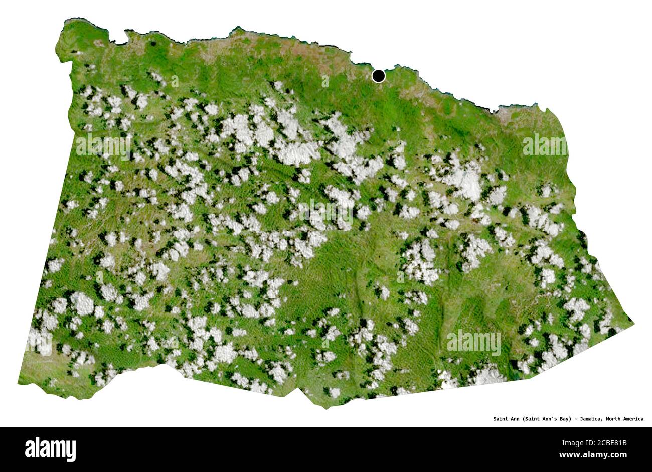 Shape of Saint Ann, parish of Jamaica, with its capital isolated on white background. Satellite imagery. 3D rendering Stock Photo
