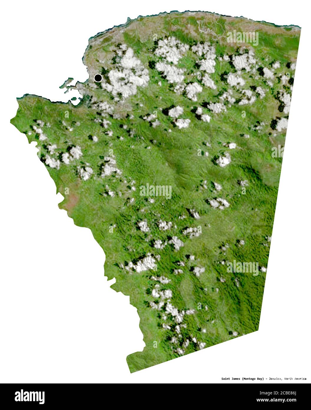 Shape of Saint James, parish of Jamaica, with its capital isolated on white background. Satellite imagery. 3D rendering Stock Photo