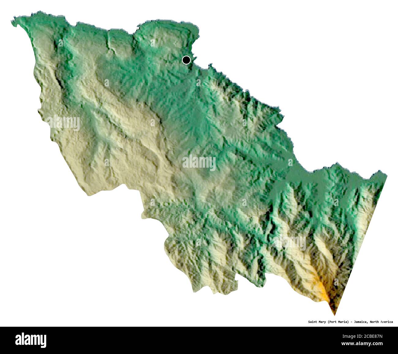 Shape of Saint Mary, parish of Jamaica, with its capital isolated on white background. Topographic relief map. 3D rendering Stock Photo