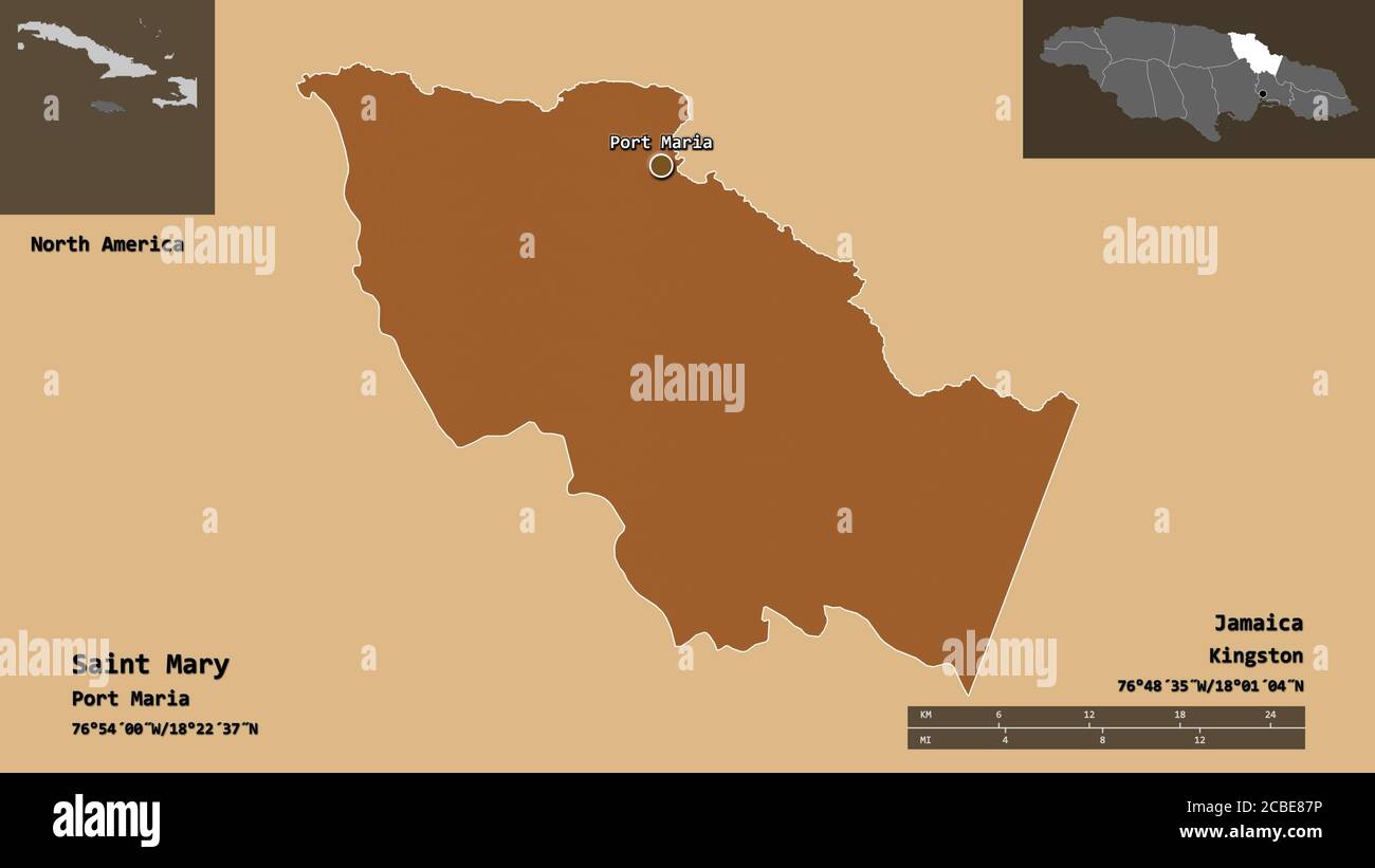 Shape of Saint Mary, parish of Jamaica, and its capital. Distance scale