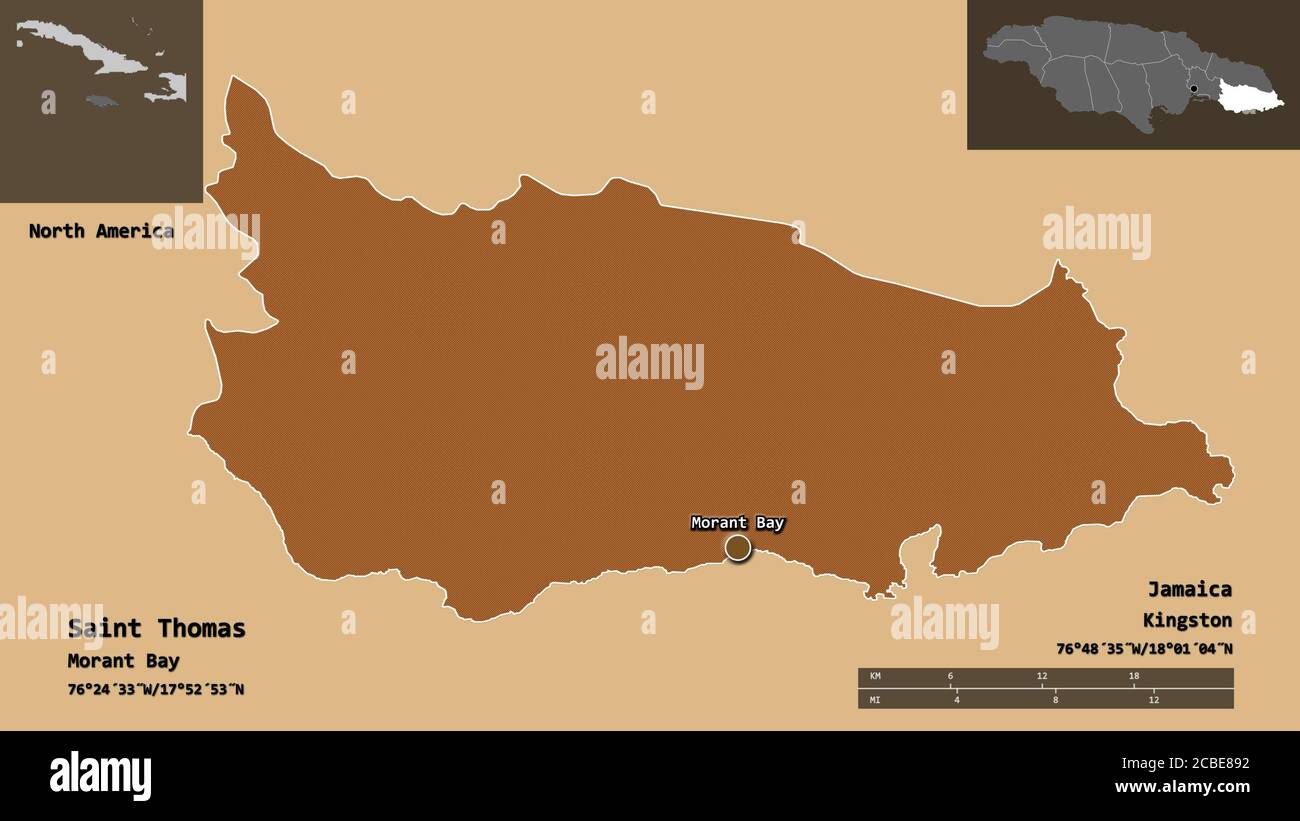 Shape of Saint Thomas, parish of Jamaica, and its capital. Distance