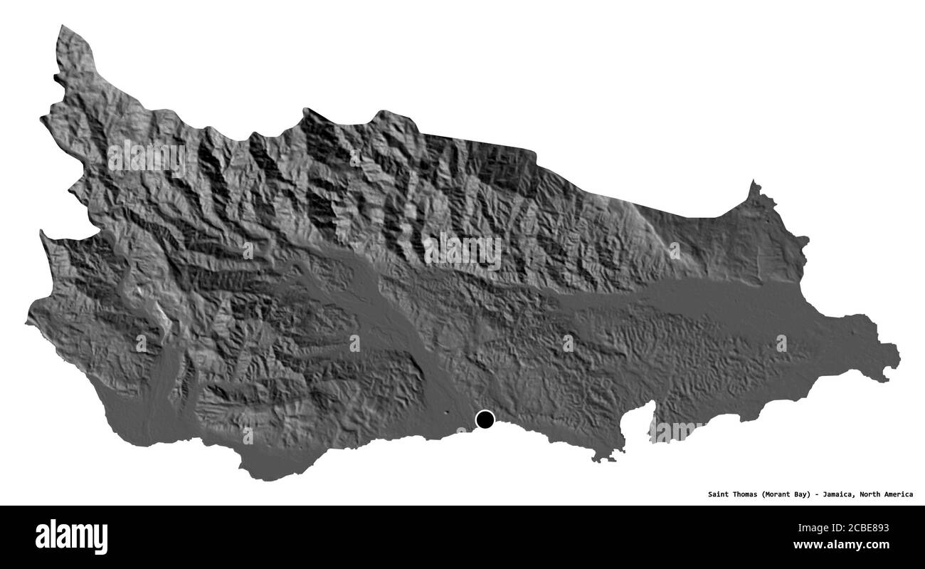 Shape of Saint Thomas, parish of Jamaica, with its capital isolated on white background. Bilevel elevation map. 3D rendering Stock Photo