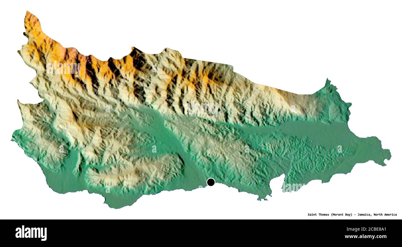 Shape of Saint Thomas, parish of Jamaica, with its capital isolated on white background. Topographic relief map. 3D rendering Stock Photo