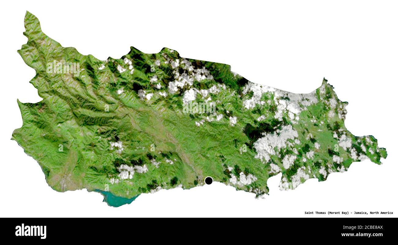 Shape of Saint Thomas, parish of Jamaica, with its capital isolated on white background. Satellite imagery. 3D rendering Stock Photo