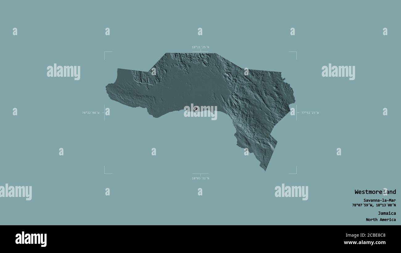 Area of Westmoreland, parish of Jamaica, isolated on a solid background in a georeferenced bounding box. Labels. Colored elevation map. 3D rendering Stock Photo