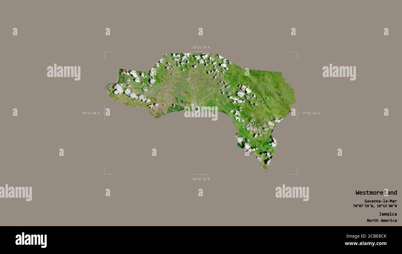 Area of Westmoreland, parish of Jamaica, isolated on a solid background in a georeferenced bounding box. Labels. Satellite imagery. 3D rendering Stock Photo