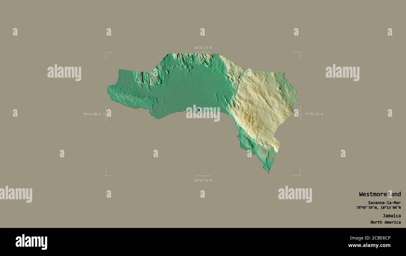 Area of Westmoreland, parish of Jamaica, isolated on a solid background in a georeferenced bounding box. Labels. Topographic relief map. 3D rendering Stock Photo