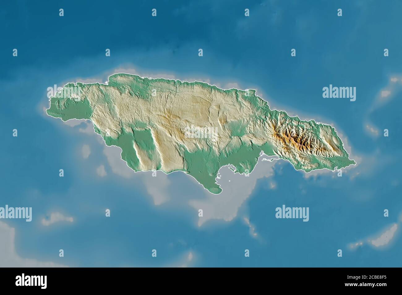 Extended area of Jamaica with country outline, international and regional borders. Topographic 