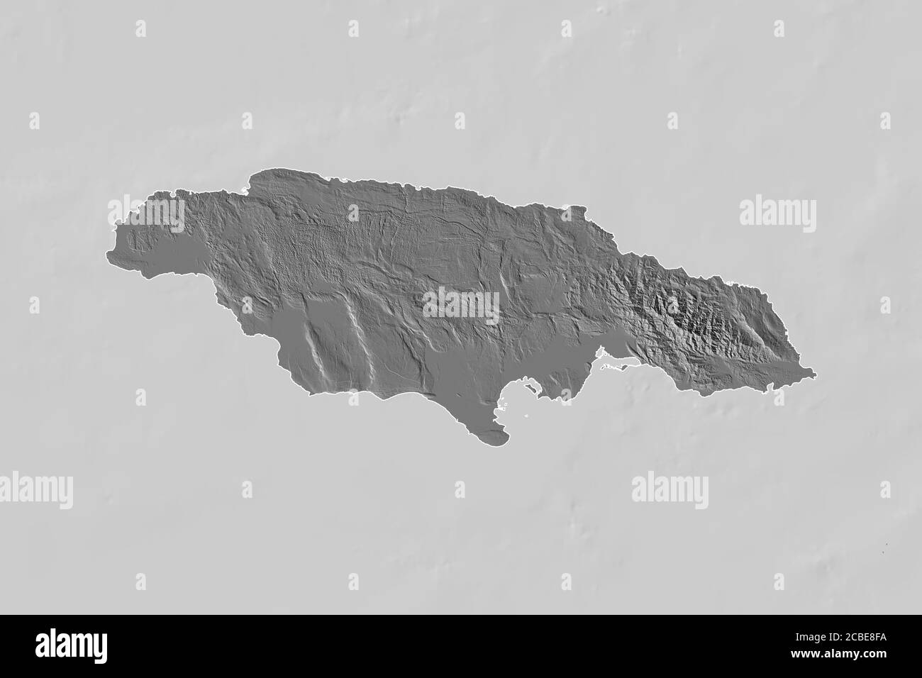Extended area of outlined Jamaica. Bilevel elevation map. 3D rendering