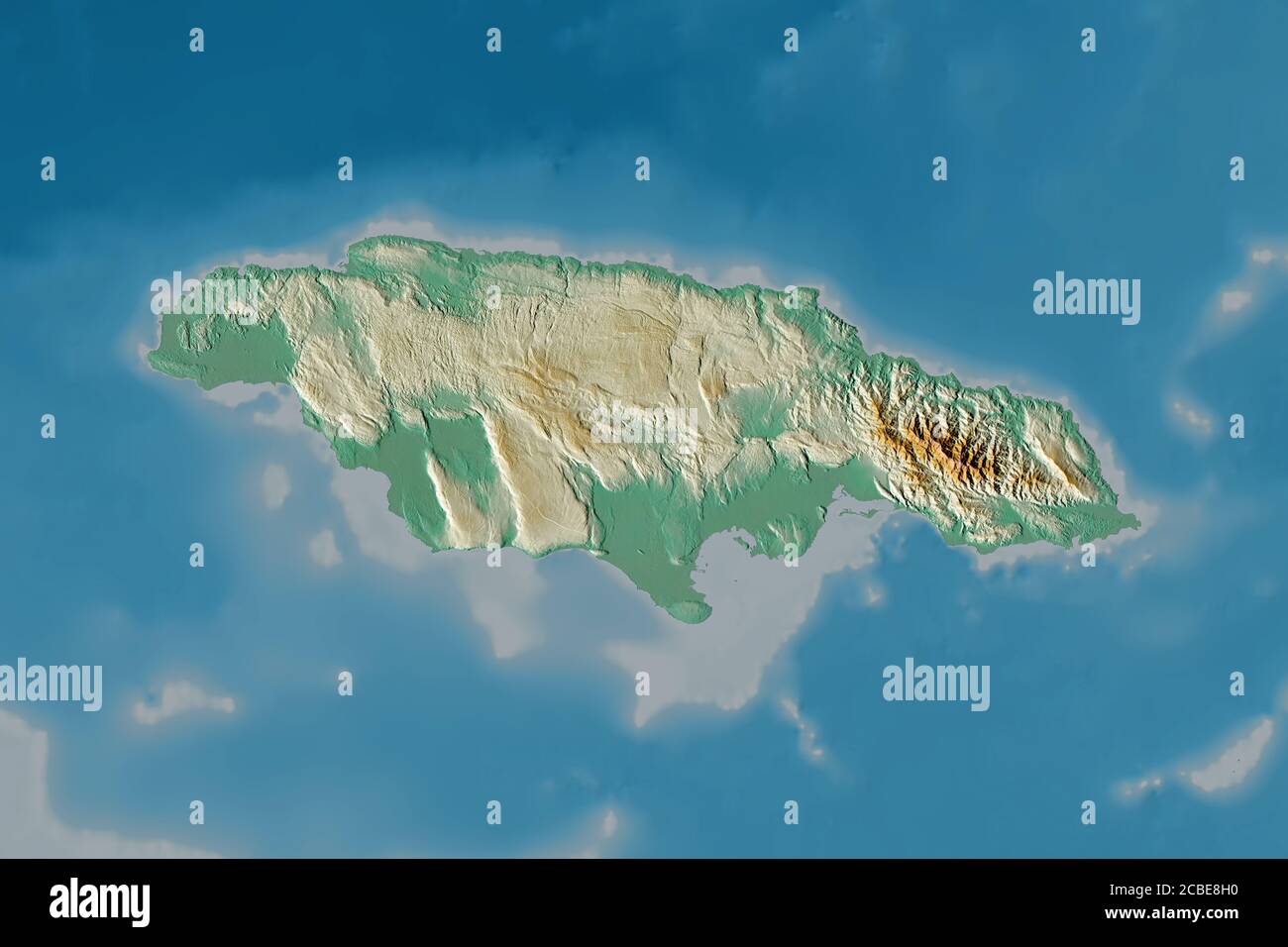 Extended area of Jamaica. Topographic relief map. 3D rendering Stock