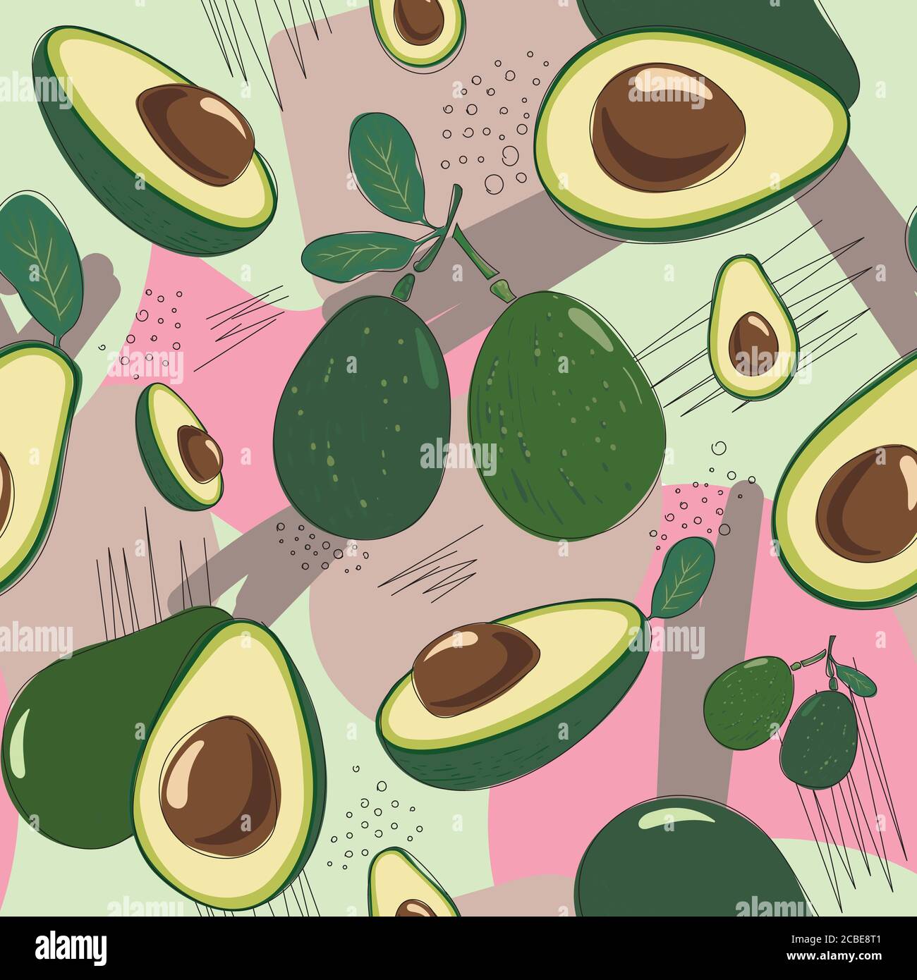 Vector seamless pattern with fresh green avocado. Hand drawn illustration. Trendy design for summer fashion textile prints and backgrounds. Vegetarian Stock Vector