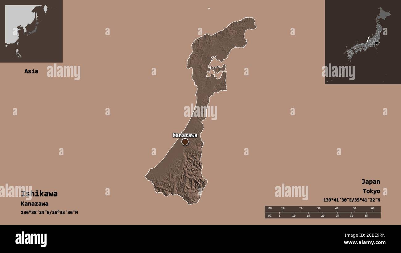 Shape of Ishikawa, prefecture of Japan, and its capital. Distance scale