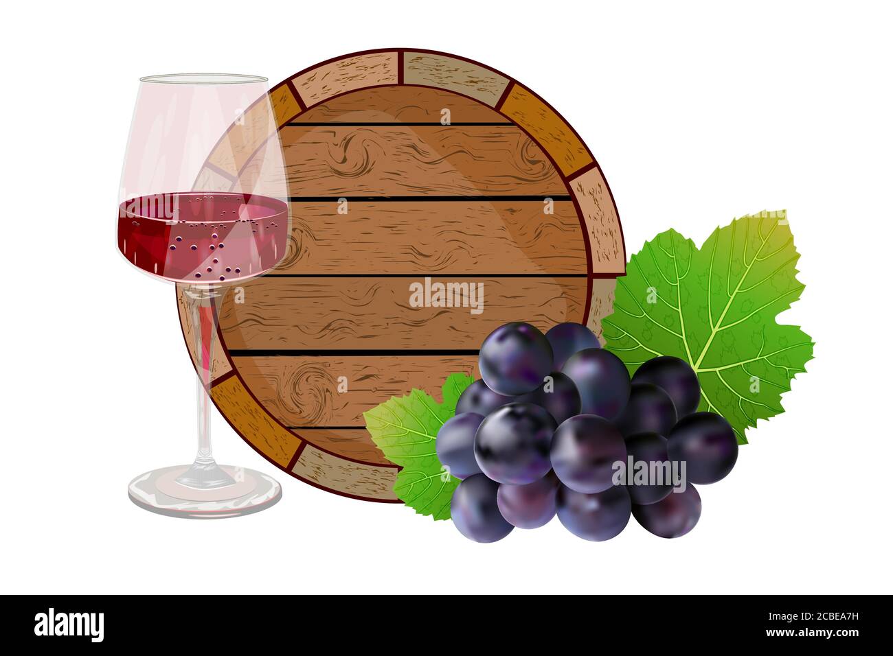 Barrel, wine and grapes isolated on white background. Wooden wine keg