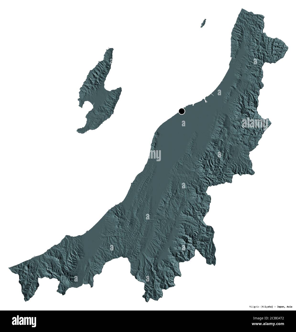 Shape of Niigata, prefecture of Japan, with its capital isolated on white background. Colored elevation map. 3D rendering Stock Photo