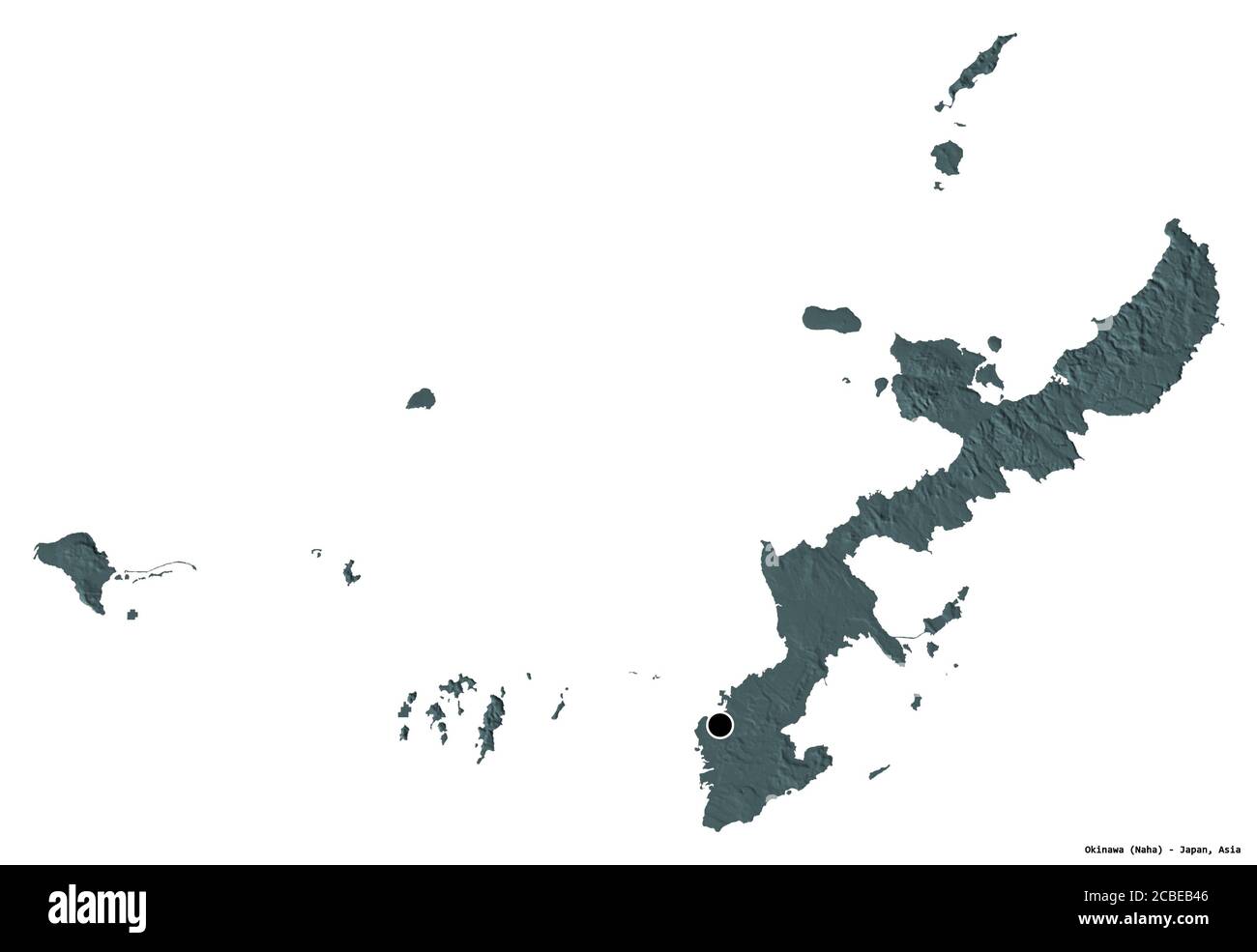 Shape of Okinawa, prefecture of Japan, with its capital isolated on white background. Colored elevation map. 3D rendering Stock Photo