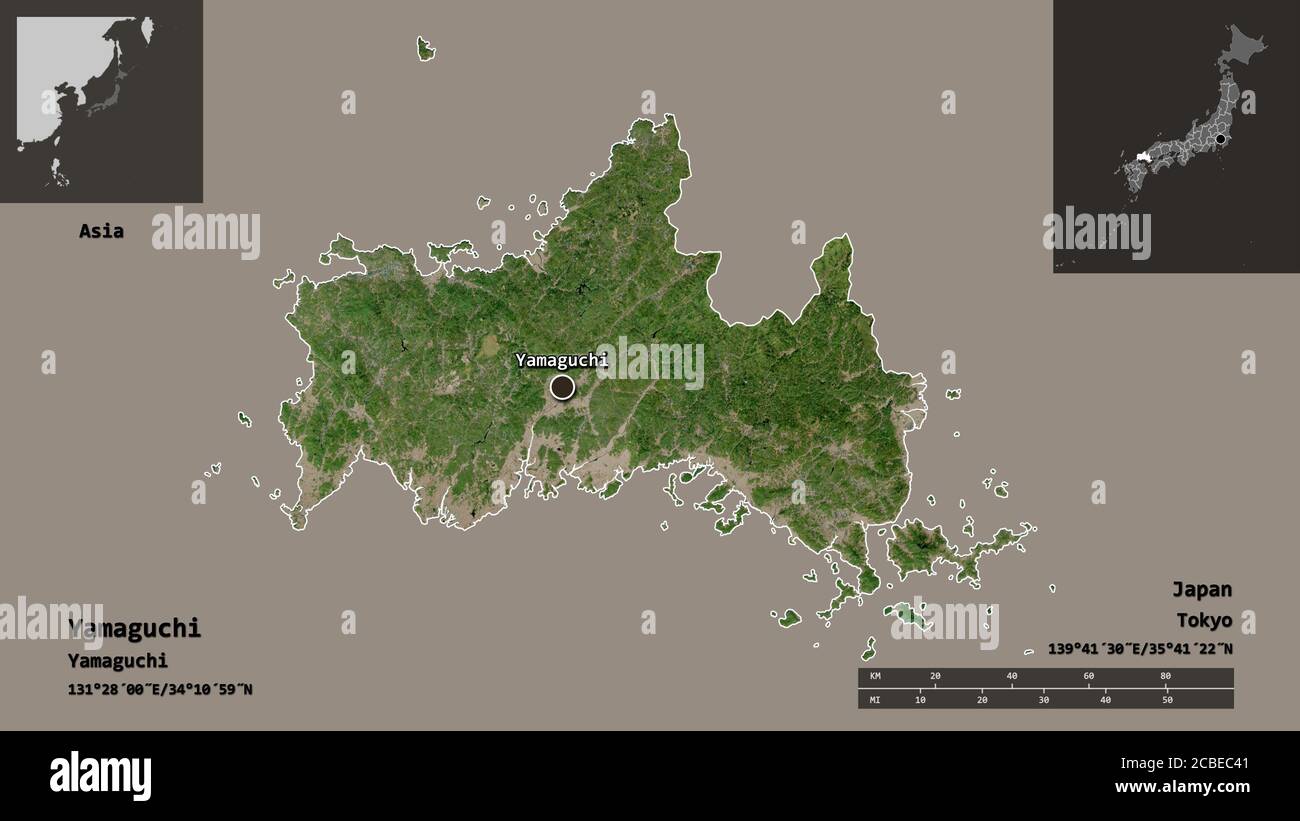 Shape of Yamaguchi, prefecture of Japan, and its capital. Distance scale, previews and labels. Satellite imagery. 3D rendering Stock Photo